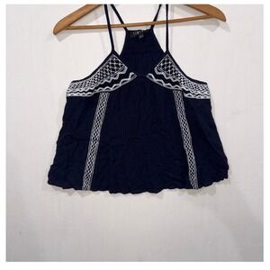 Timing Navy Blue Embroidered Boho Halter Tank Top Small High Neck Sleeveless